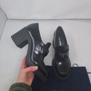 Prada Black Triangle Logo Chocolate Platform Block Heel Loafer